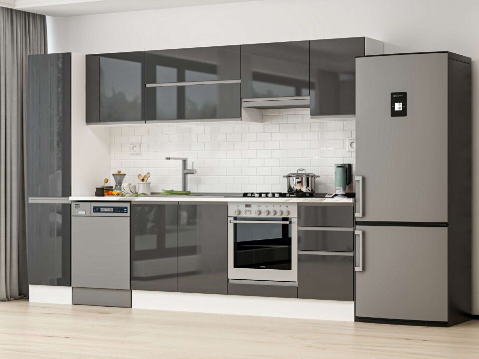 Alvinka 300X210 Cm High Gloss Mutfak Dolabı Mb-E90B45S45-1 High Gloss | Antrasit - Mdf