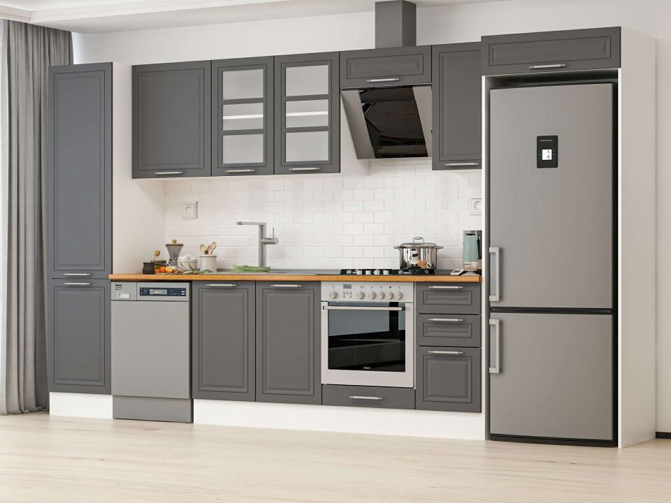 Alvinka 370X222 Cm Klasik Mebran Mutfak Dolabı Mbb-E80B50S40-3 Mebran | Antrasit - Suntalam
