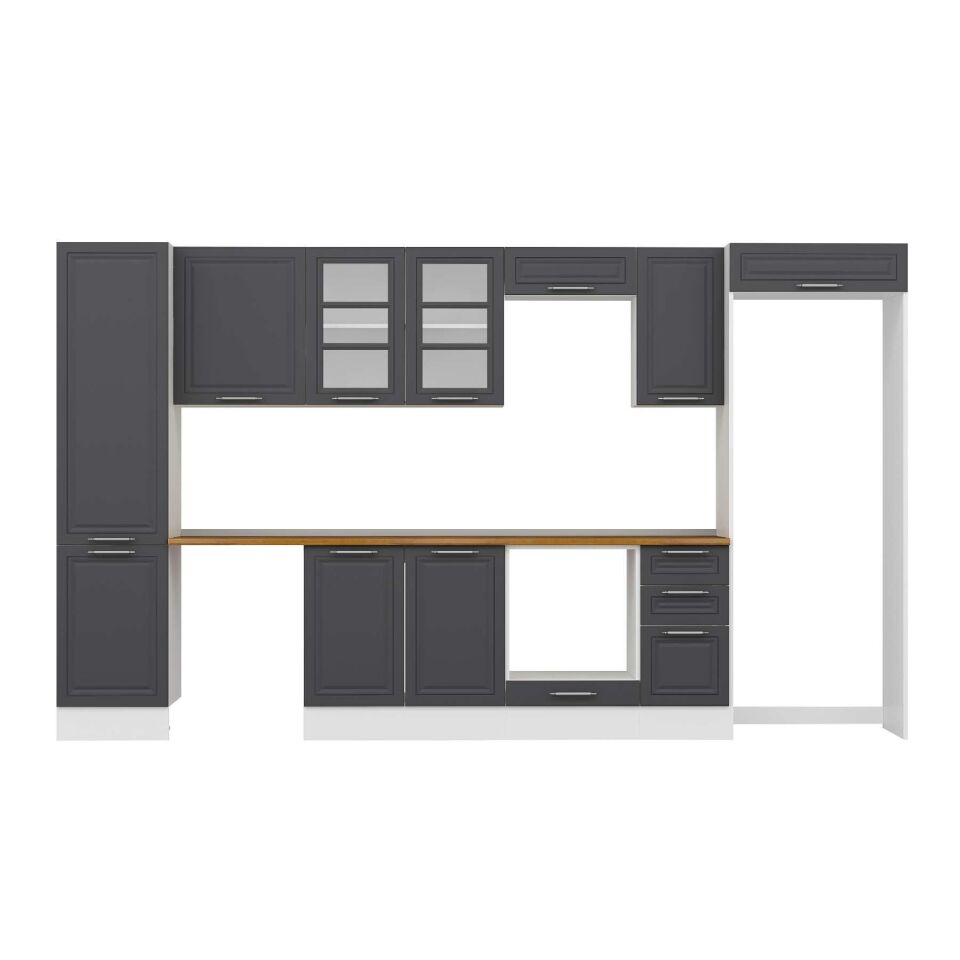 Alvinka 370X222 Cm Klasik Mebran Mutfak Dolabı Mbb-E80B50S40-3 Mebran | Antrasit - Suntalam