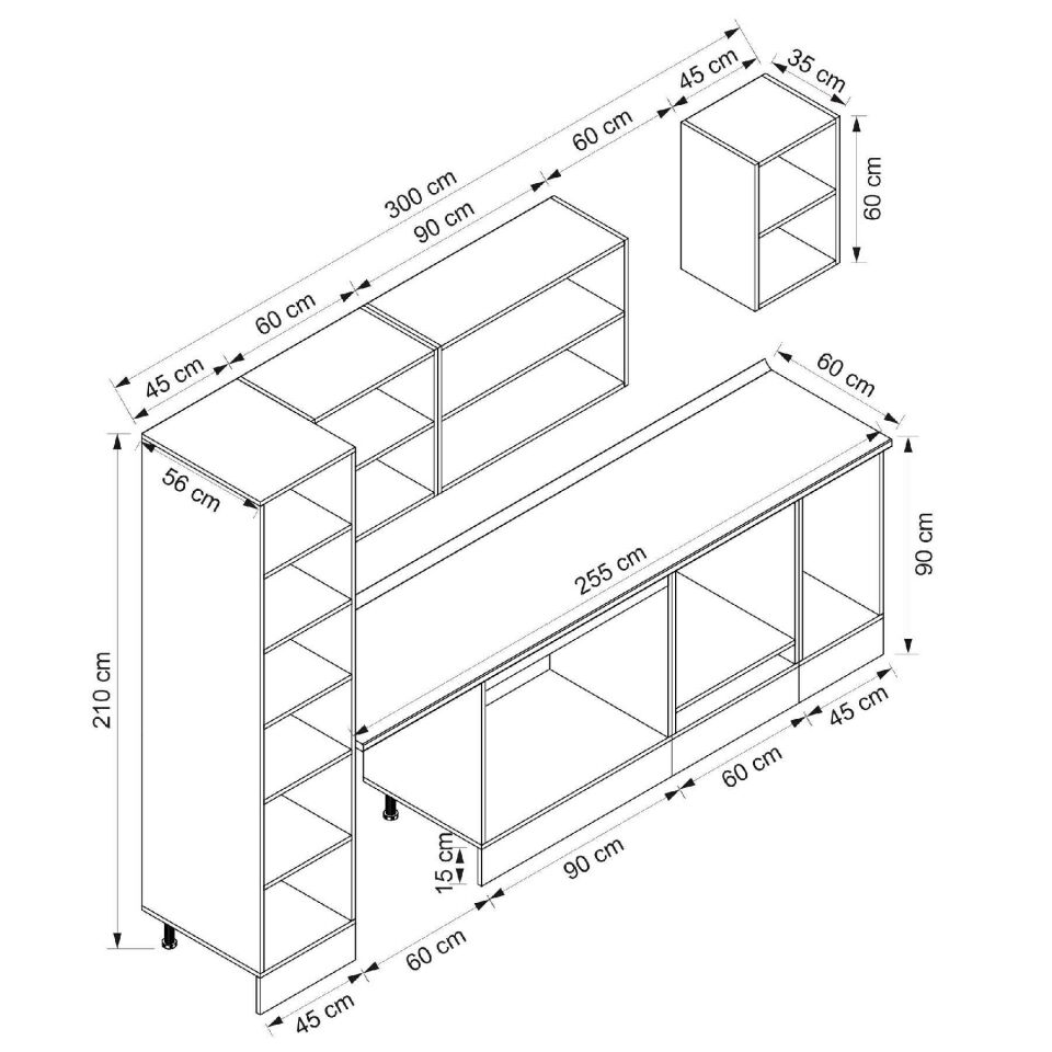 Alvinka 300X210 Cm High Gloss Mutfak Dolabı Mb-E90B45S45-2 High Gloss | Antrasit - Mdf