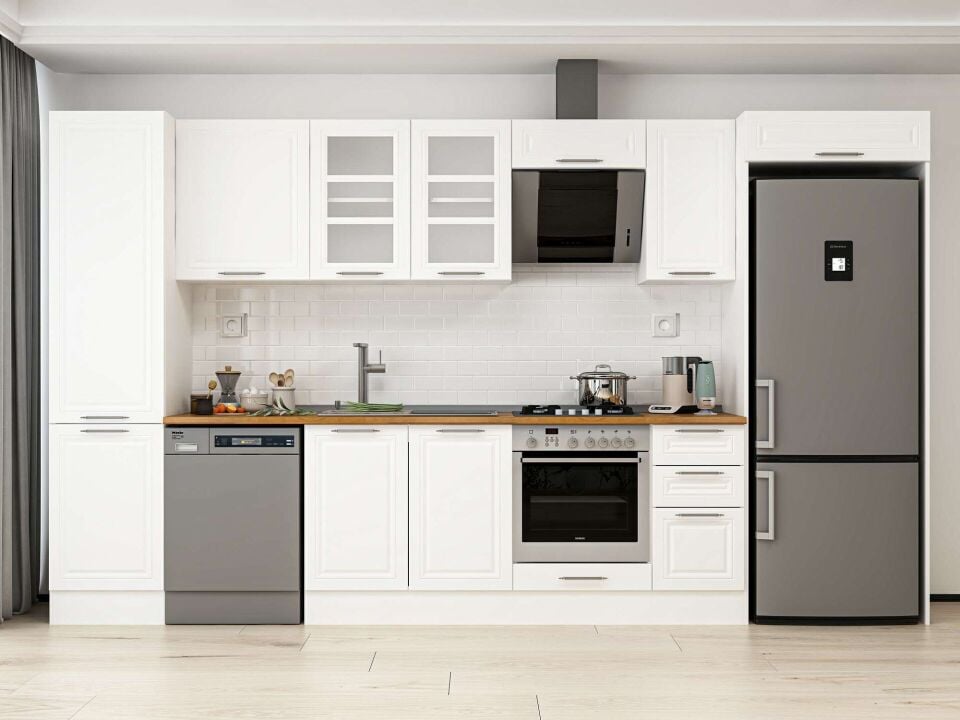 Alvinka 370X222 Cm Klasik Mebran Mutfak Dolabı Mbb-E80B50S40-3 Mebran | Beyaz - Mdf