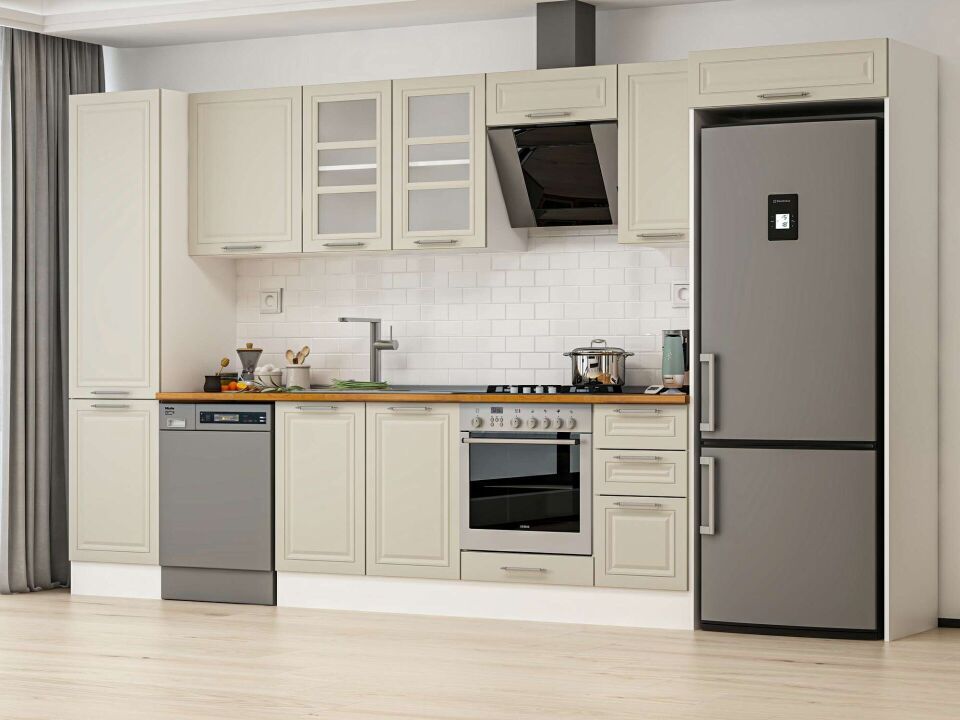 Alvinka 370X222 Cm Klasik Mebran Mutfak Dolabı Mbb-E80B50S40-3 Mebran | Kumtaşı - Mdf