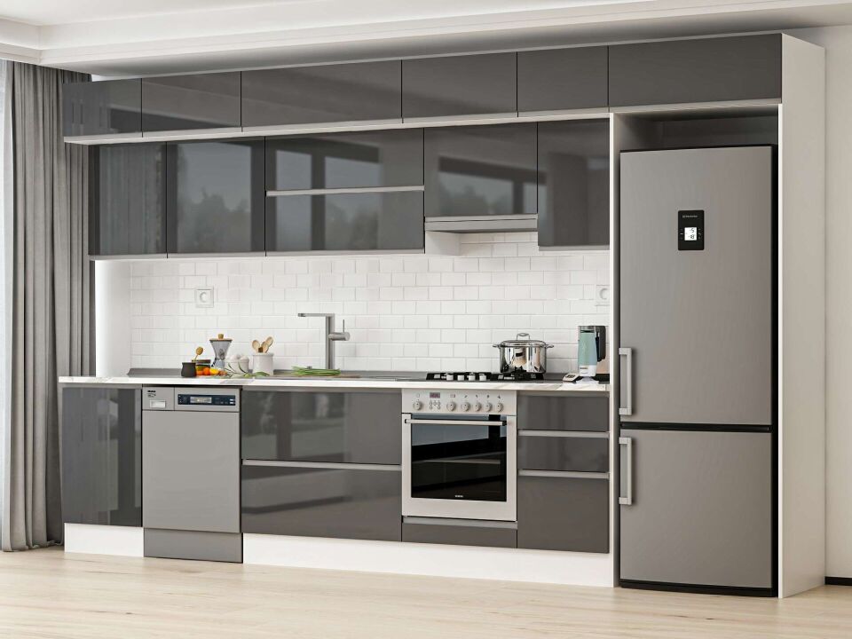 Alvinka 375X240 Cm High Gloss Mutfak Dolabı Mb-E80S50S45-1 High Gloss | Antrasit - Mdf