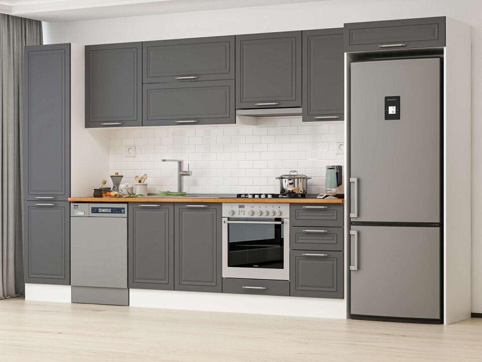 Alvinka 375X222 Cm Klasik Mebran Mutfak Dolabı Mbb-E80B50S45-1 Mebran | Antrasit - Suntalam