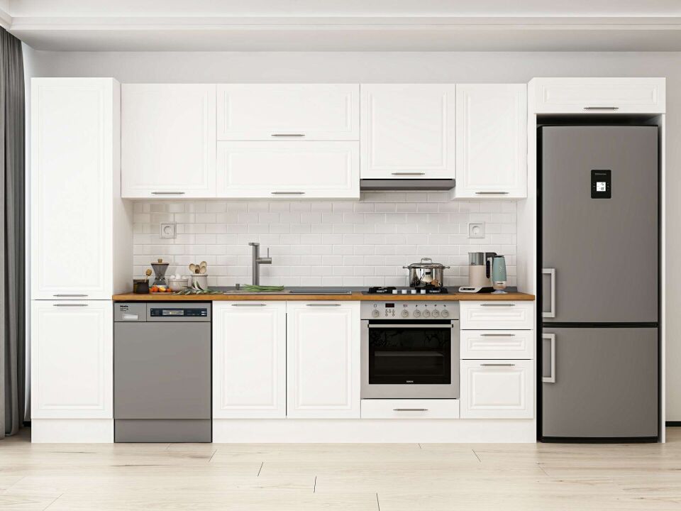 Alvinka 375X222 Cm Klasik Mebran Mutfak Dolabı Mbb-E80B50S45-1 Mebran | Beyaz - Mdf