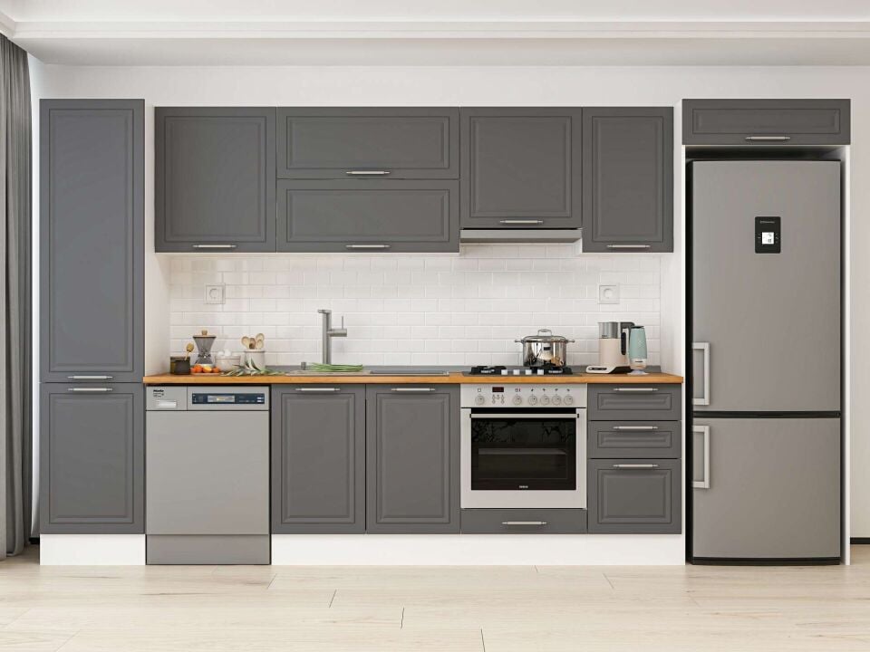 Alvinka 375X222 Cm Klasik Mebran Mutfak Dolabı Mbb-E80B50S45-1 Mebran | Antrasit - Mdf