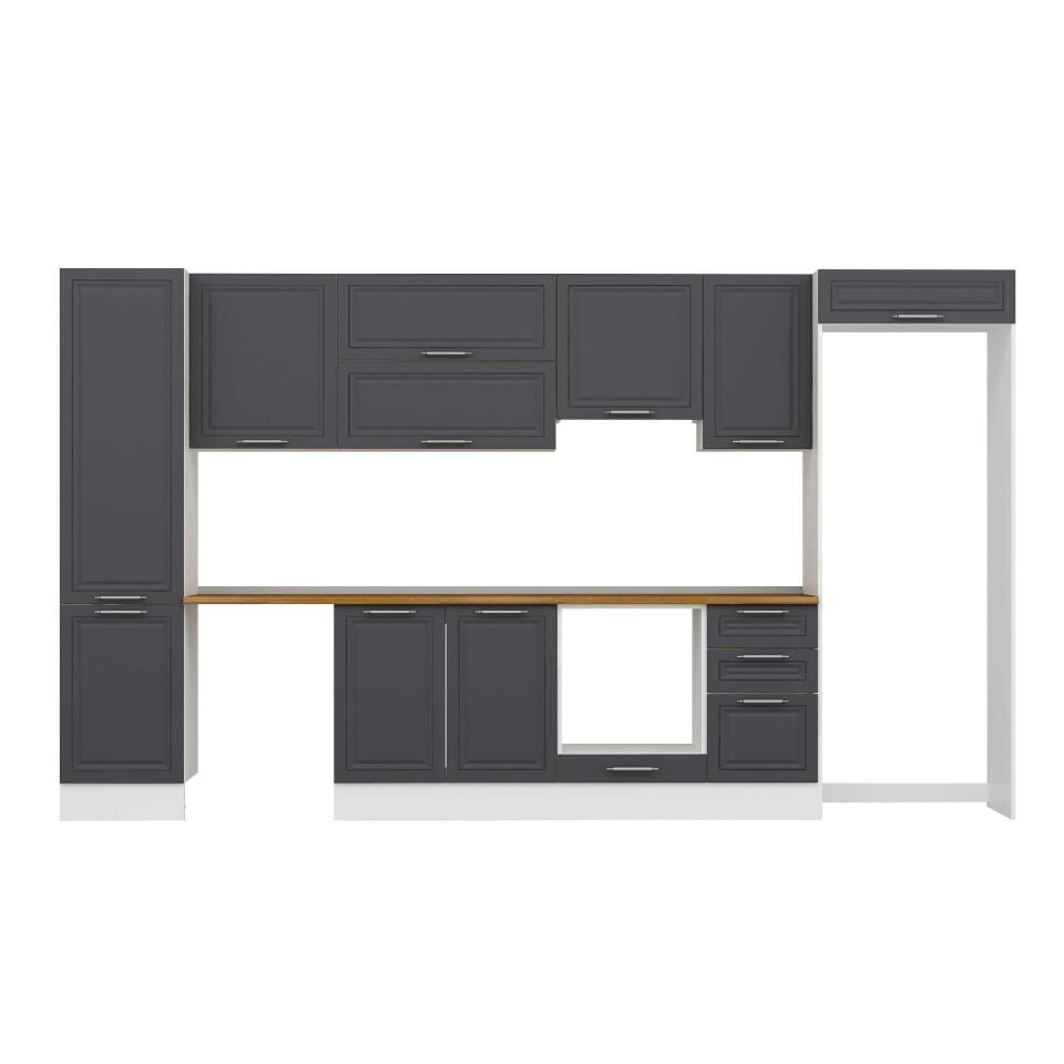 Alvinka 375X222 Cm Klasik Mebran Mutfak Dolabı Mbb-E80B50S45-1 Mebran | Antrasit - Mdf