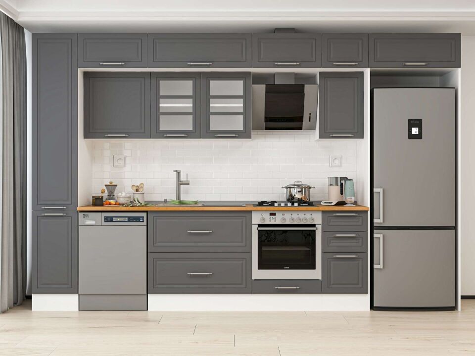 Alvinka 360X240 Cm Klasik Mebran Mutfak Dolabı Mbb-E80B40S40-3 Mebran | Antrasit - Mdf