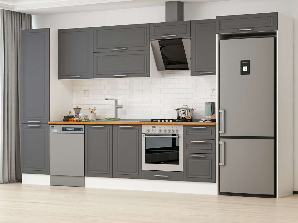 Alvinka 375X222 Cm Klasik Mebran Mutfak Dolabı Mbb-E80B50S45-2 Mebran | Antrasit - Suntalam