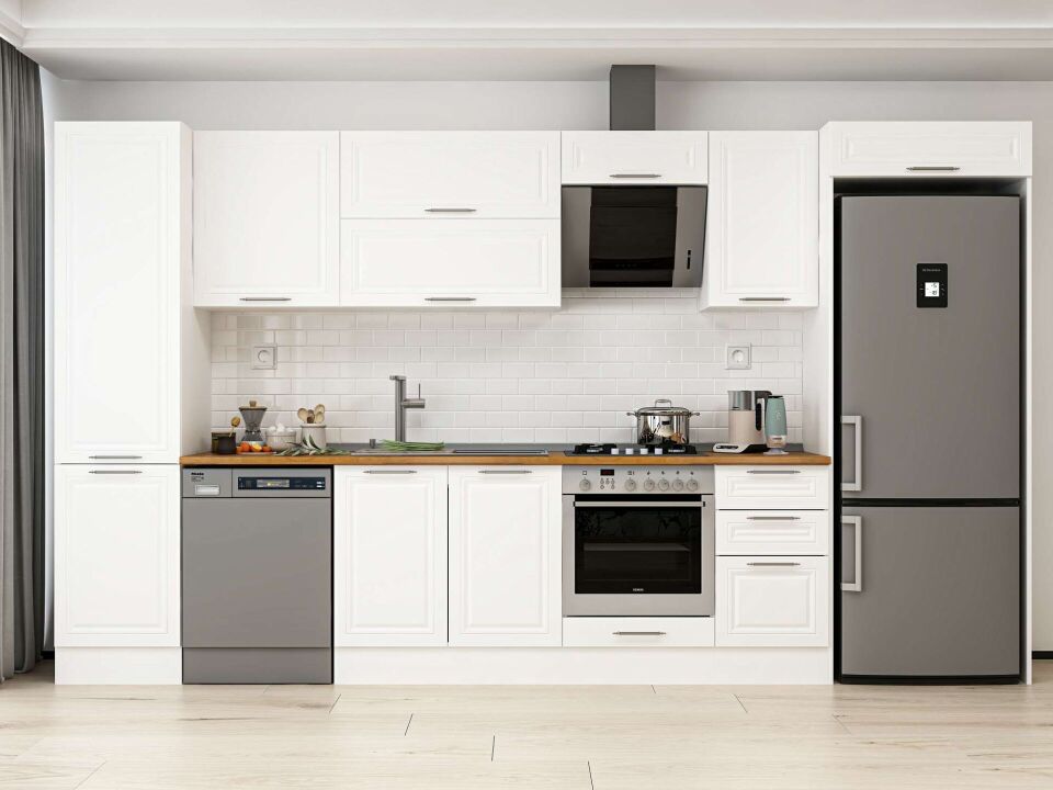 Alvinka 375X222 Cm Klasik Mebran Mutfak Dolabı Mbb-E80B50S45-2 Mebran | Beyaz - Mdf