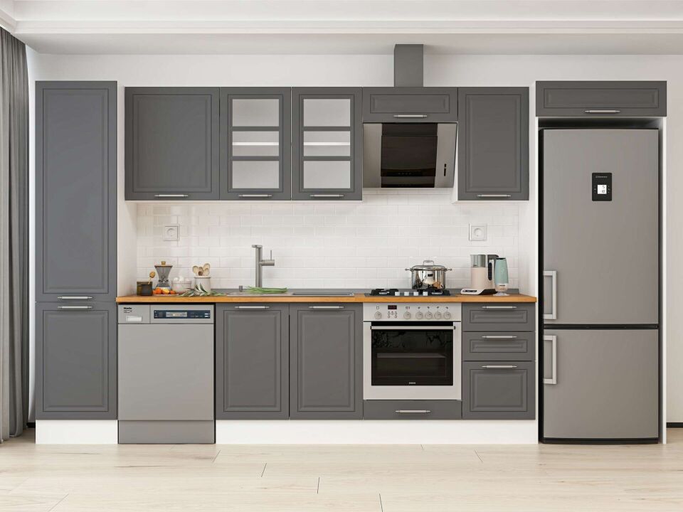 Alvinka 375X222 Cm Klasik Mebran Mutfak Dolabı Mbb-E80B50S45-3 Mebran | Antrasit - Mdf