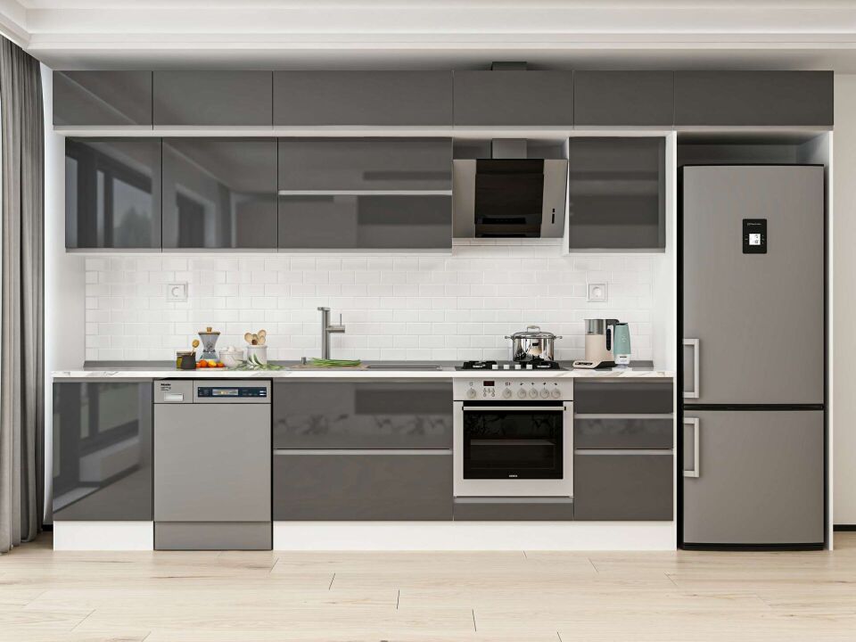 Alvinka 380X240 Cm High Gloss Mutfak Dolabı Mb-E80S50S50-2 High Gloss | Antrasit - Mdf