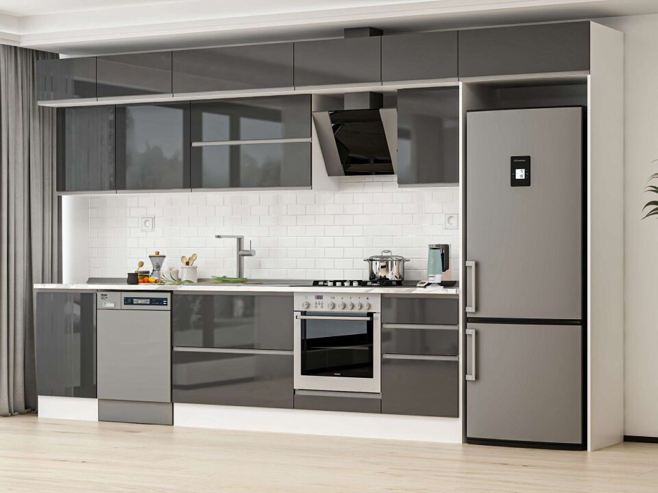 Alvinka 380X240 Cm High Gloss Mutfak Dolabı Mb-E80S50S50-2 High Gloss | Antrasit - Mdf