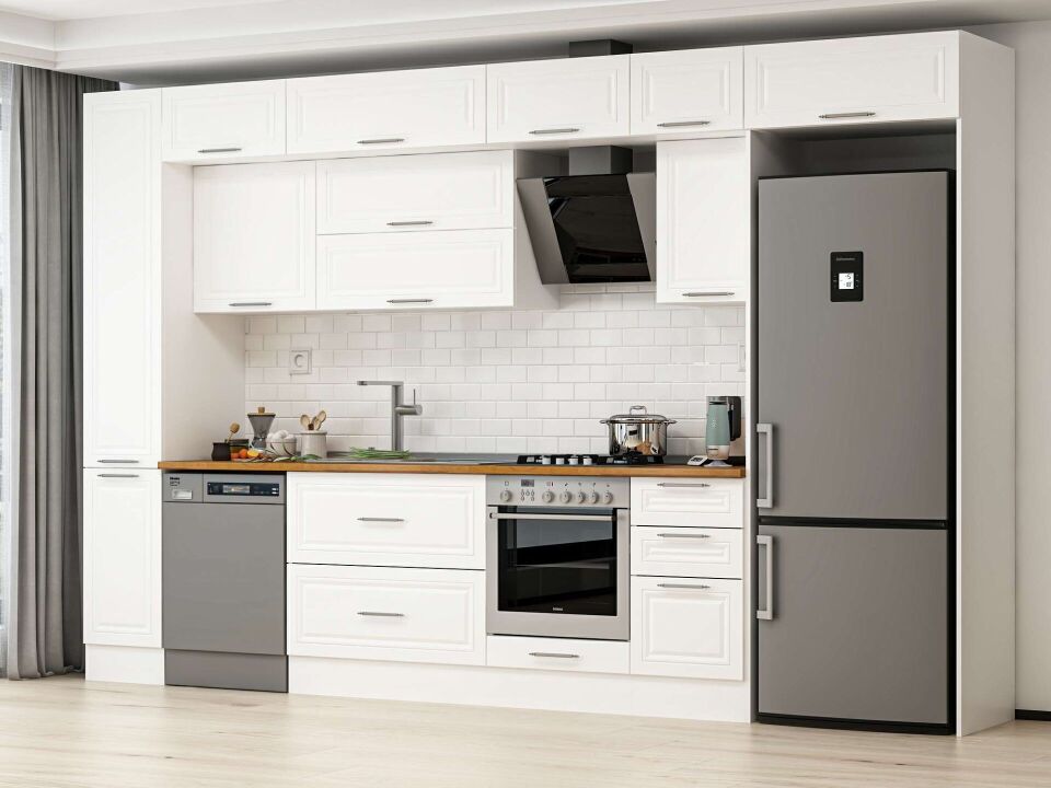 Alvinka 365X240 Cm Klasik Mebran Mutfak Dolabı Mbb-E80B40S45-2 Mebran | Beyaz - Mdf