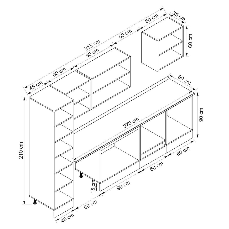Alvinka 315X210 Cm High Gloss Mutfak Dolabı Mb-E90B45S60-2 High Gloss | Beyaz - Mdf
