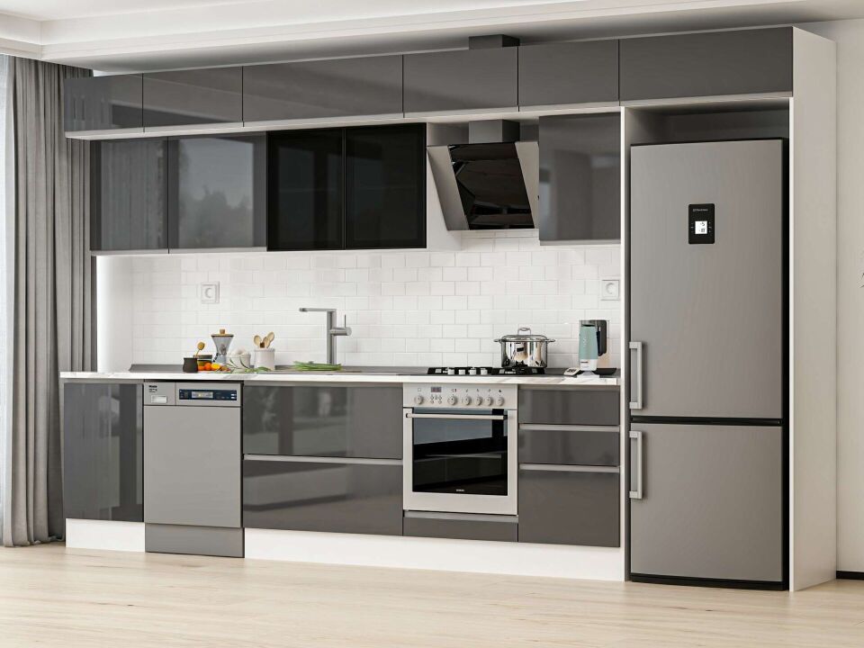 Alvinka 380X240 Cm High Gloss Mutfak Dolabı Mb-E80S50S50-3 High Gloss | Antrasit - Mdf
