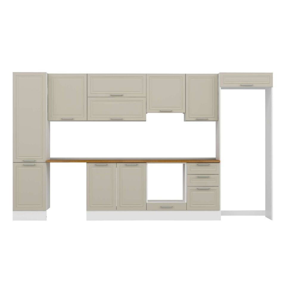 Alvinka 380X222 Cm Klasik Mebran Mutfak Dolabı Mbb-E80B50S50-1 Mebran | Kumtaşı - Mdf