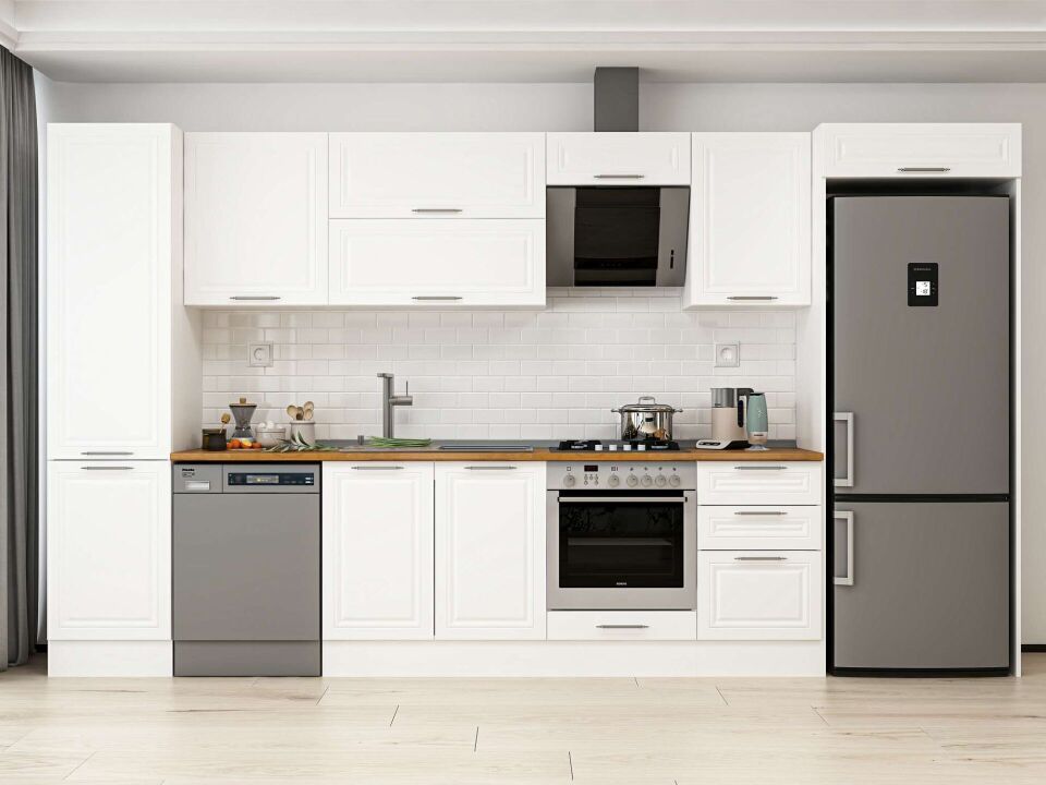 Alvinka 380X222 Cm Klasik Mebran Mutfak Dolabı Mbb-E80B50S50-2 Mebran | Beyaz - Mdf