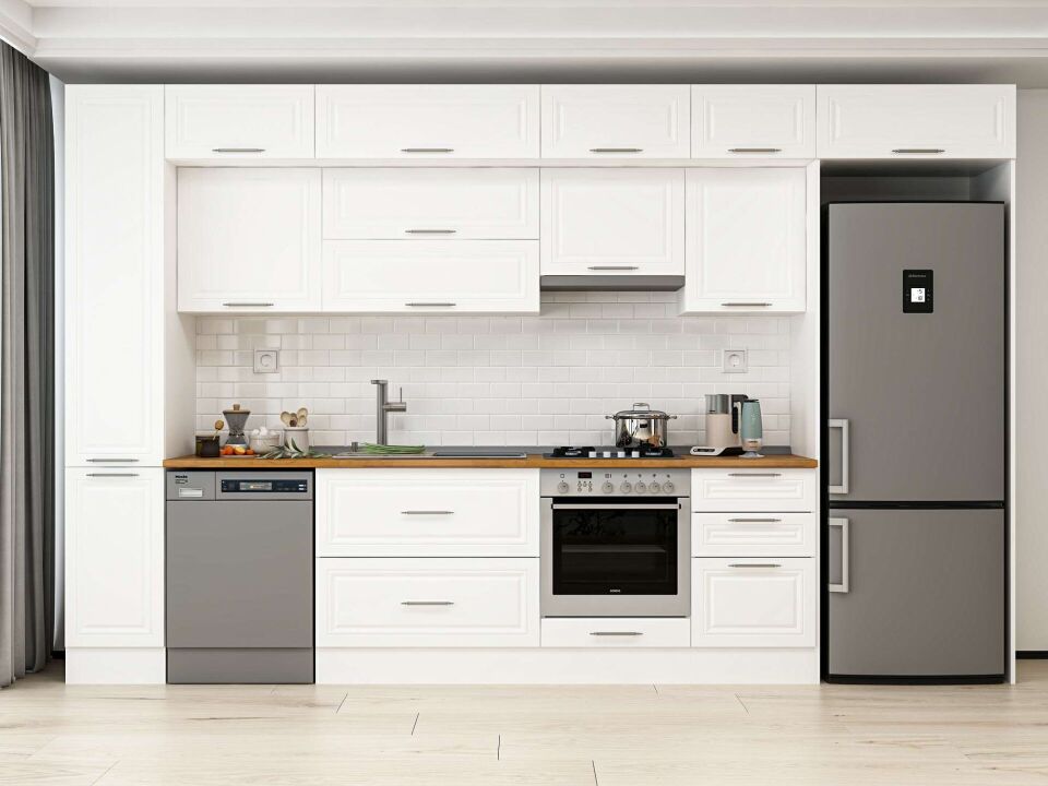 Alvinka 370X240 Cm Klasik Mebran Mutfak Dolabı Mbb-E80B40S50-1 Mebran | Beyaz - Mdf