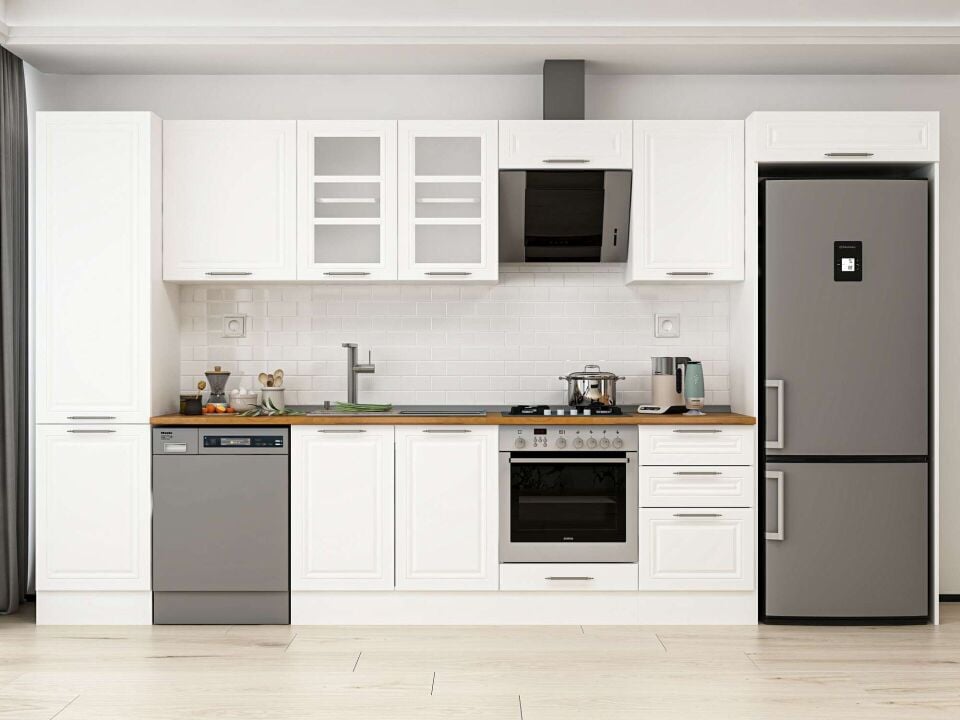 Alvinka 380X222 Cm Klasik Mebran Mutfak Dolabı Mbb-E80B50S50-3 Mebran | Beyaz - Mdf