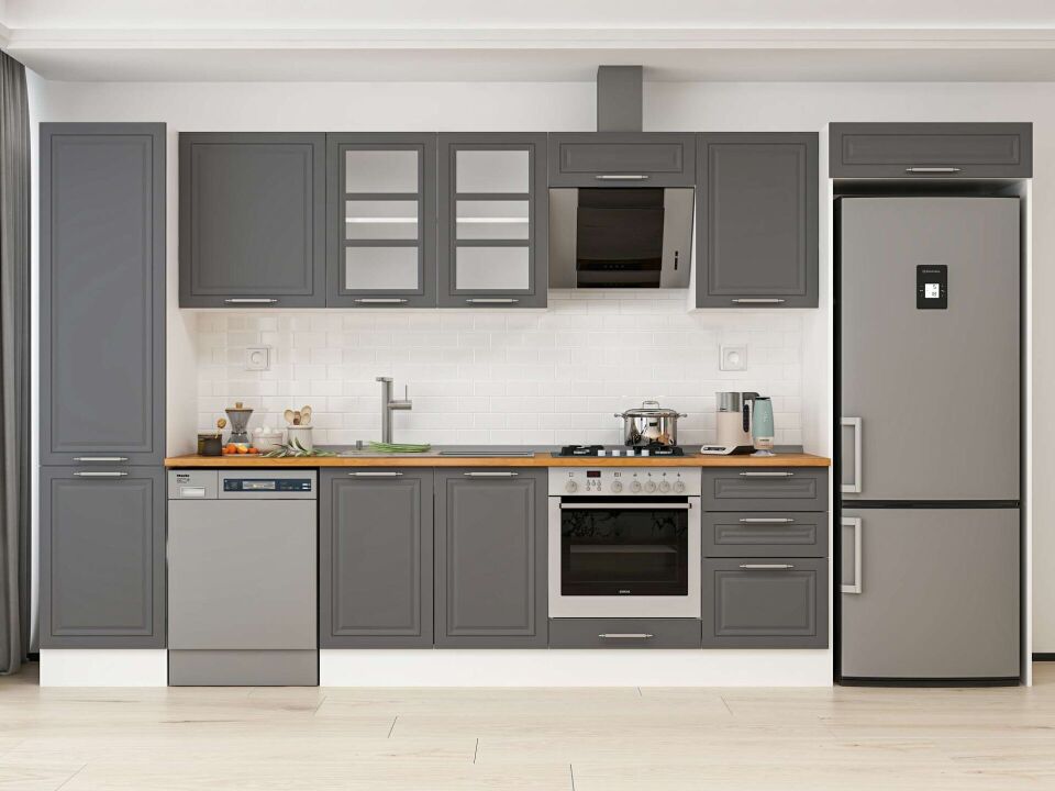 Alvinka 380X222 Cm Klasik Mebran Mutfak Dolabı Mbb-E80B50S50-3 Mebran | Antrasit - Mdf