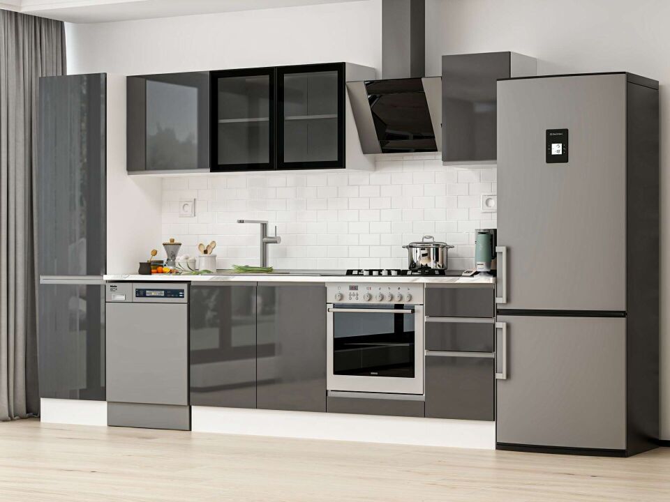 Alvinka 300X210 Cm High Gloss Mutfak Dolabı Mb-E90B50S40-3 High Gloss | Antrasit - Suntalam