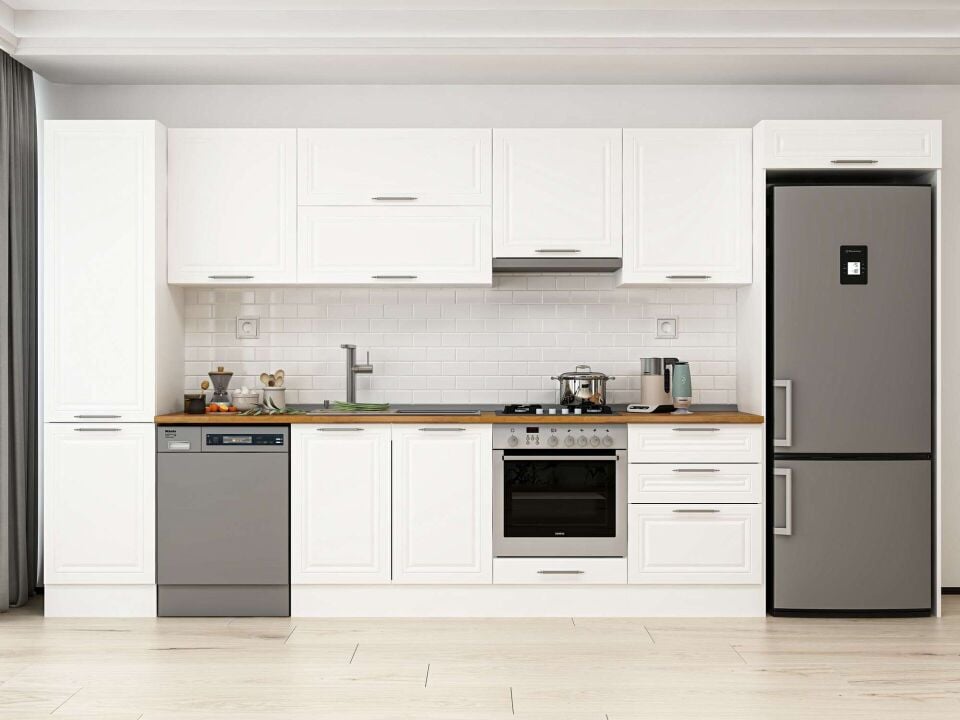 Alvinka 390X222 Cm Klasik Mebran Mutfak Dolabı Mbb-E80B50S60-1 Mebran | Beyaz - Mdf