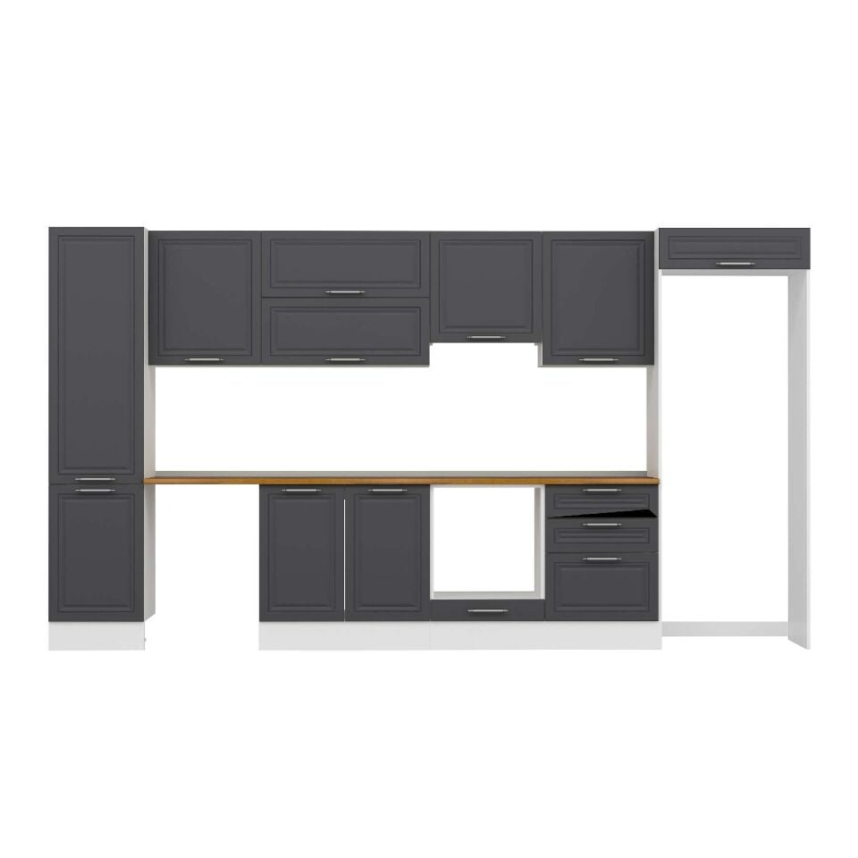 Alvinka 390X222 Cm Klasik Mebran Mutfak Dolabı Mbb-E80B50S60-1 Mebran | Antrasit - Mdf