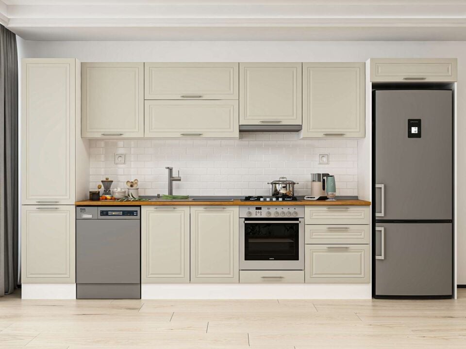 Alvinka 390X222 Cm Klasik Mebran Mutfak Dolabı Mbb-E80B50S60-1 Mebran | Kumtaşı - Mdf