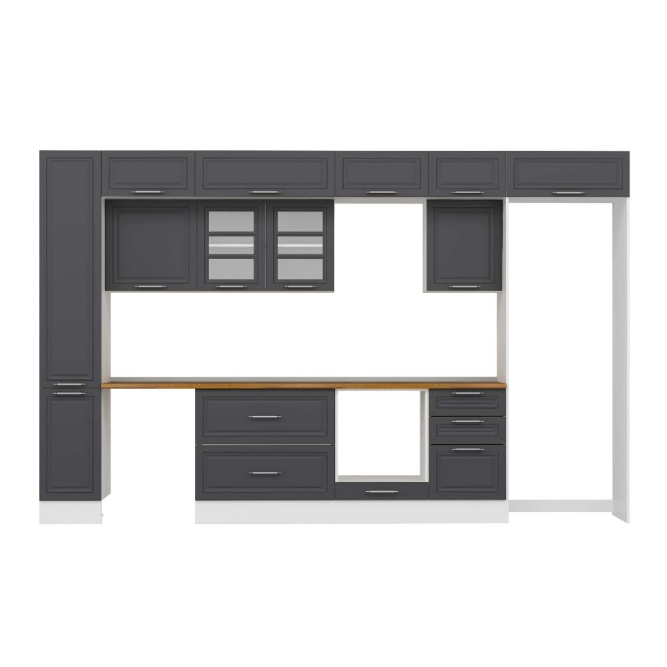 Alvinka 370X240 Cm Klasik Mebran Mutfak Dolabı Mbb-E80B40S50-3 Mebran | Antrasit - Mdf