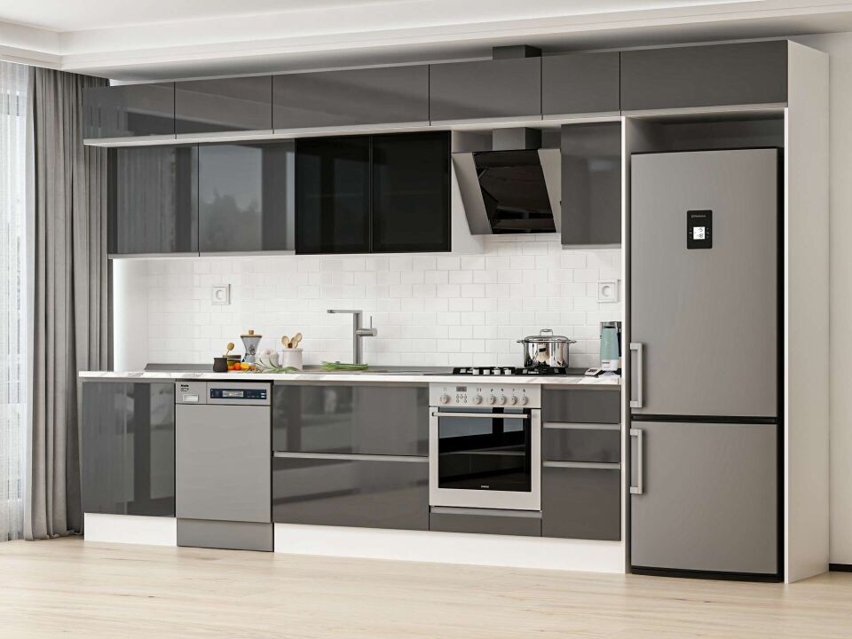 Alvinka 380X240 Cm High Gloss Mutfak Dolabı Mb-E80S60S40-3 High Gloss | Antrasit - Suntalam