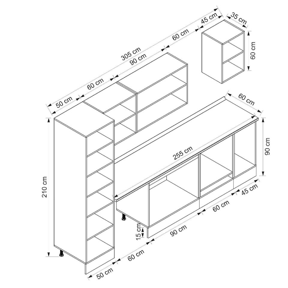 Alvinka 305X210 Cm High Gloss Mutfak Dolabı Mb-E90B50S45-2 High Gloss | Antrasit - Mdf