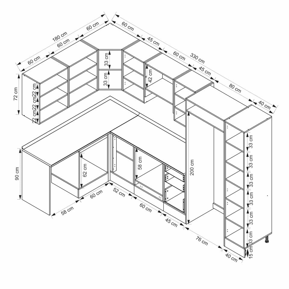 Alvinka 180-330X222 Cm Hg_J Köşe Mutfak Dolabı