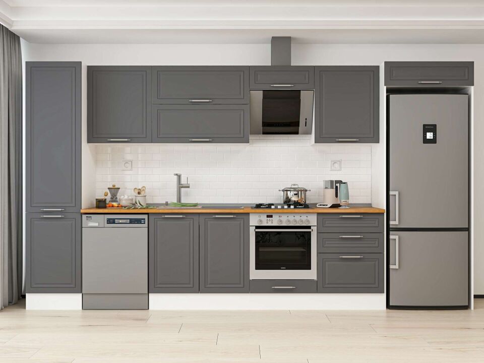 Alvinka 390X222 Cm Klasik Mebran Mutfak Dolabı Mbb-E80B50S60-2 Mebran | Antrasit - Mdf