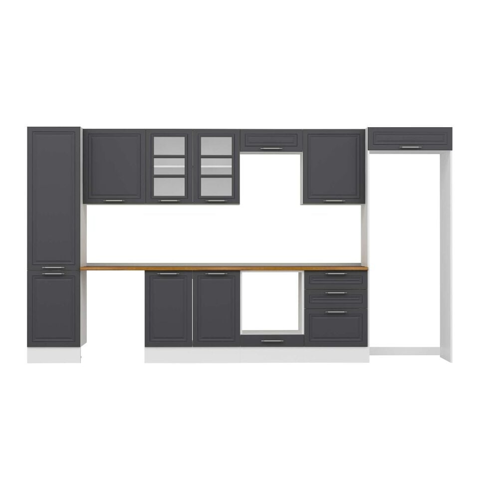 Alvinka 390X222 Cm Klasik Mebran Mutfak Dolabı Mbb-E80B50S60-3 Mebran | Antrasit - Suntalam