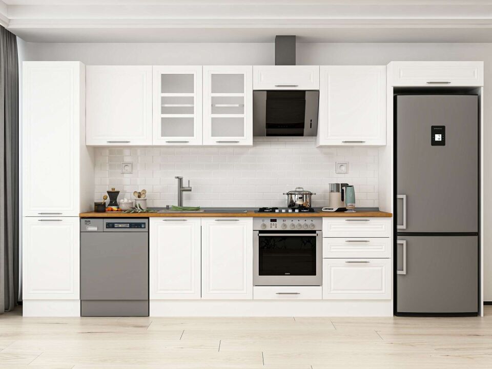 Alvinka 390X222 Cm Klasik Mebran Mutfak Dolabı Mbb-E80B50S60-3 Mebran | Beyaz - Mdf