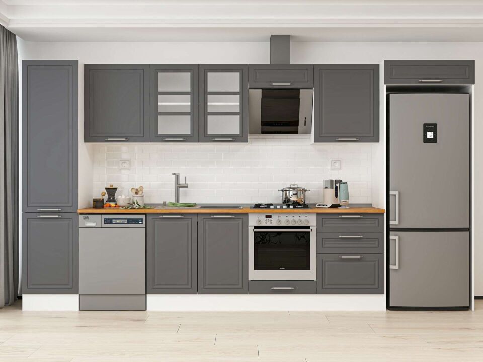 Alvinka 390X222 Cm Klasik Mebran Mutfak Dolabı Mbb-E80B50S60-3 Mebran | Antrasit - Mdf
