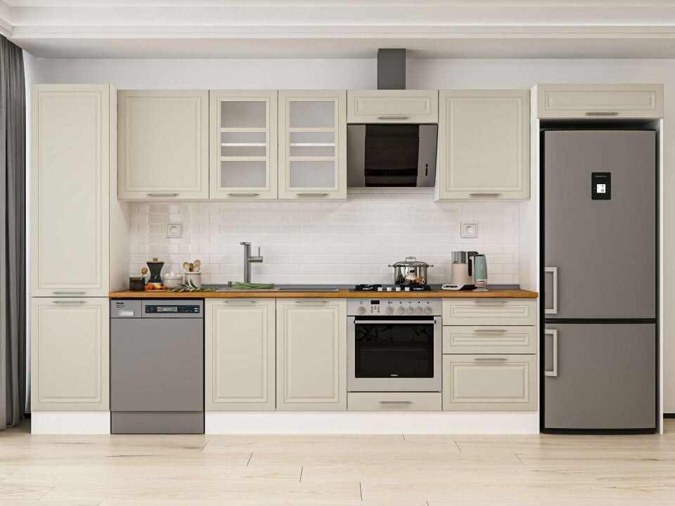 Alvinka 390X222 Cm Klasik Mebran Mutfak Dolabı Mbb-E80B50S60-3 Mebran | Kumtaşı - Mdf