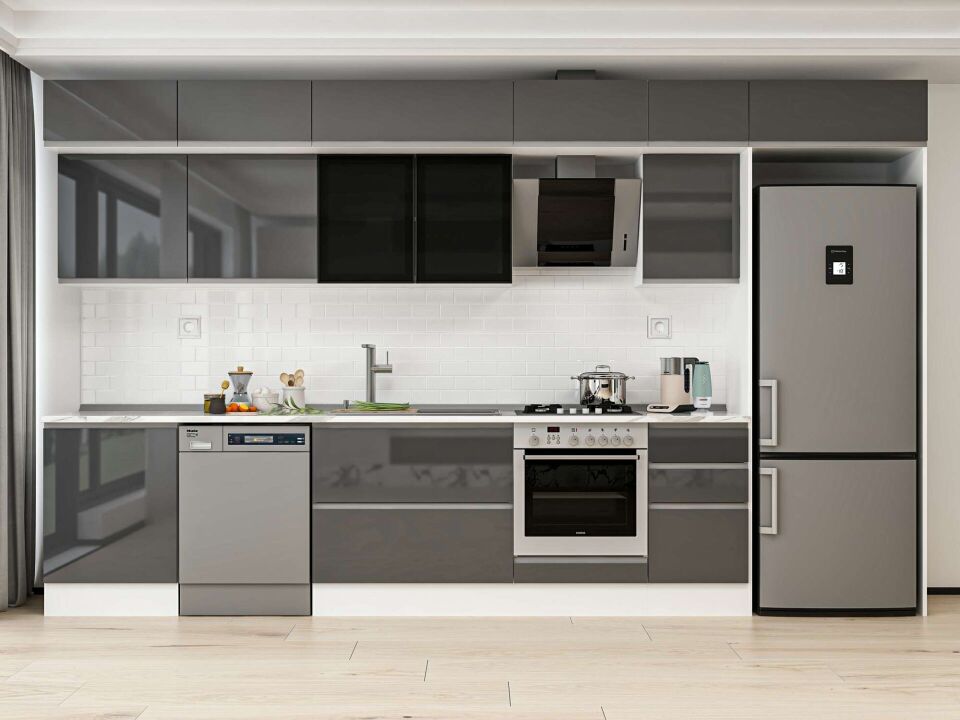 Alvinka 385X240 Cm High Gloss Mutfak Dolabı Mb-E80S60S45-3 High Gloss | Antrasit - Mdf