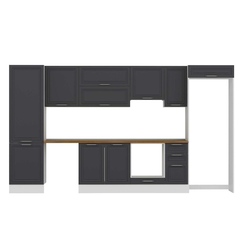 Alvinka 380X222 Cm Klasik Mebran Mutfak Dolabı Mbb-E80B60S40-1 Mebran | Antrasit - Mdf