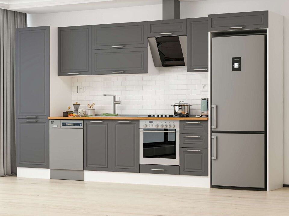 Alvinka 380X222 Cm Klasik Mebran Mutfak Dolabı Mbb-E80B60S40-2 Mebran | Antrasit - Suntalam