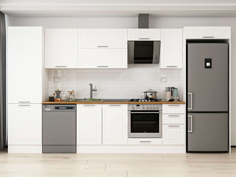 Alvinka 380X222 Cm Klasik Mebran Mutfak Dolabı Mbb-E80B60S40-2 Mebran | Beyaz - Mdf
