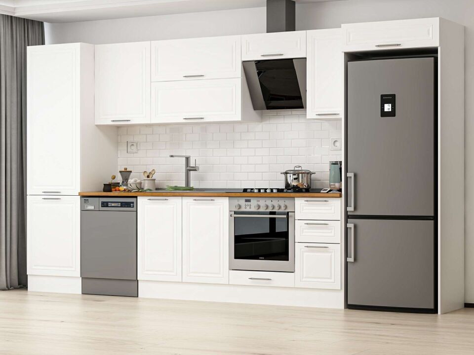 Alvinka 380X222 Cm Klasik Mebran Mutfak Dolabı Mbb-E80B60S40-2 Mebran | Beyaz - Mdf