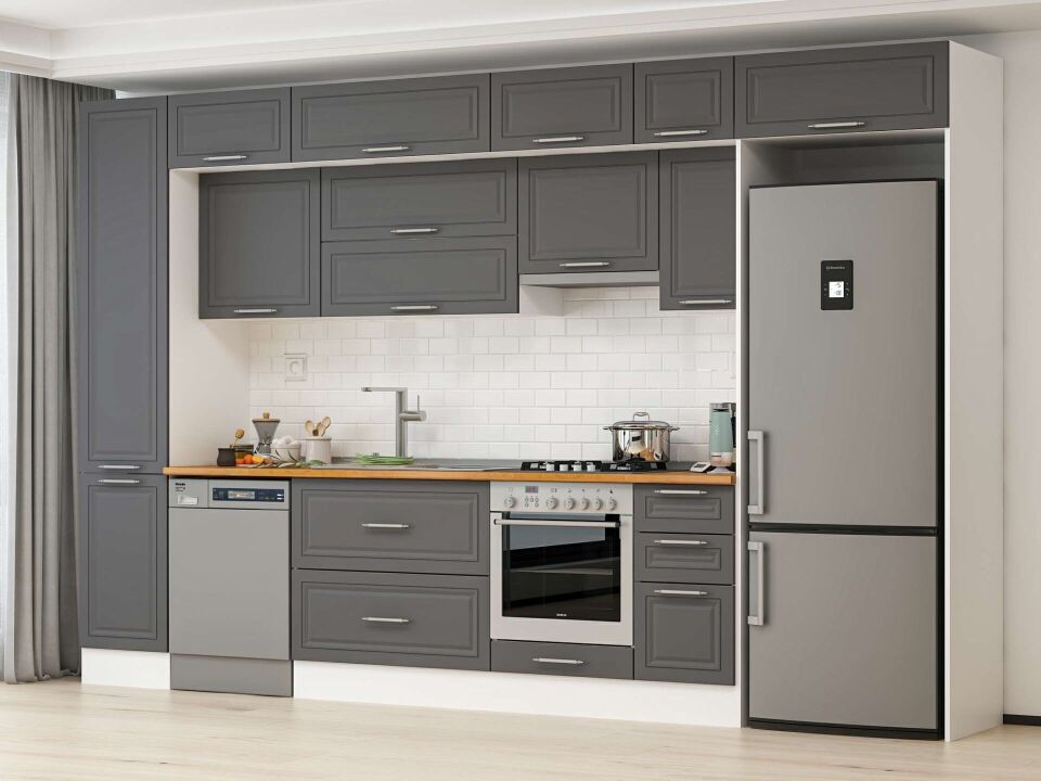 Alvinka 365X240 Cm Klasik Mebran Mutfak Dolabı Mbb-E80B45S40-1 Mebran | Antrasit - Suntalam