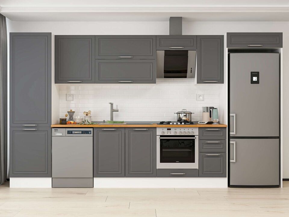 Alvinka 380X222 Cm Klasik Mebran Mutfak Dolabı Mbb-E80B60S40-2 Mebran | Antrasit - Mdf