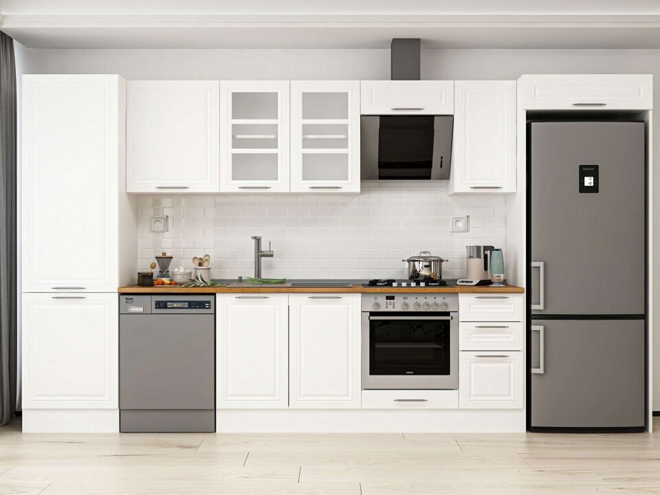 Alvinka 380X222 Cm Klasik Mebran Mutfak Dolabı Mbb-E80B60S40-3 Mebran | Beyaz - Mdf