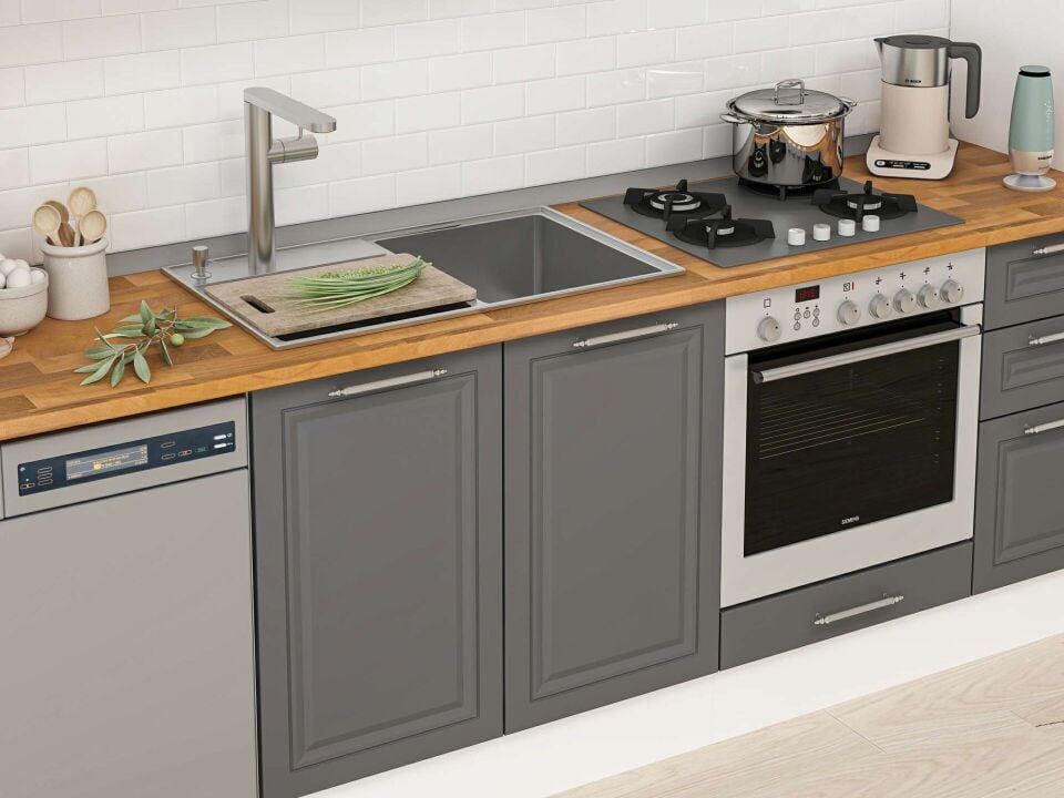 Alvinka 380X222 Cm Klasik Mebran Mutfak Dolabı Mbb-E80B60S40-3 Mebran | Antrasit - Mdf