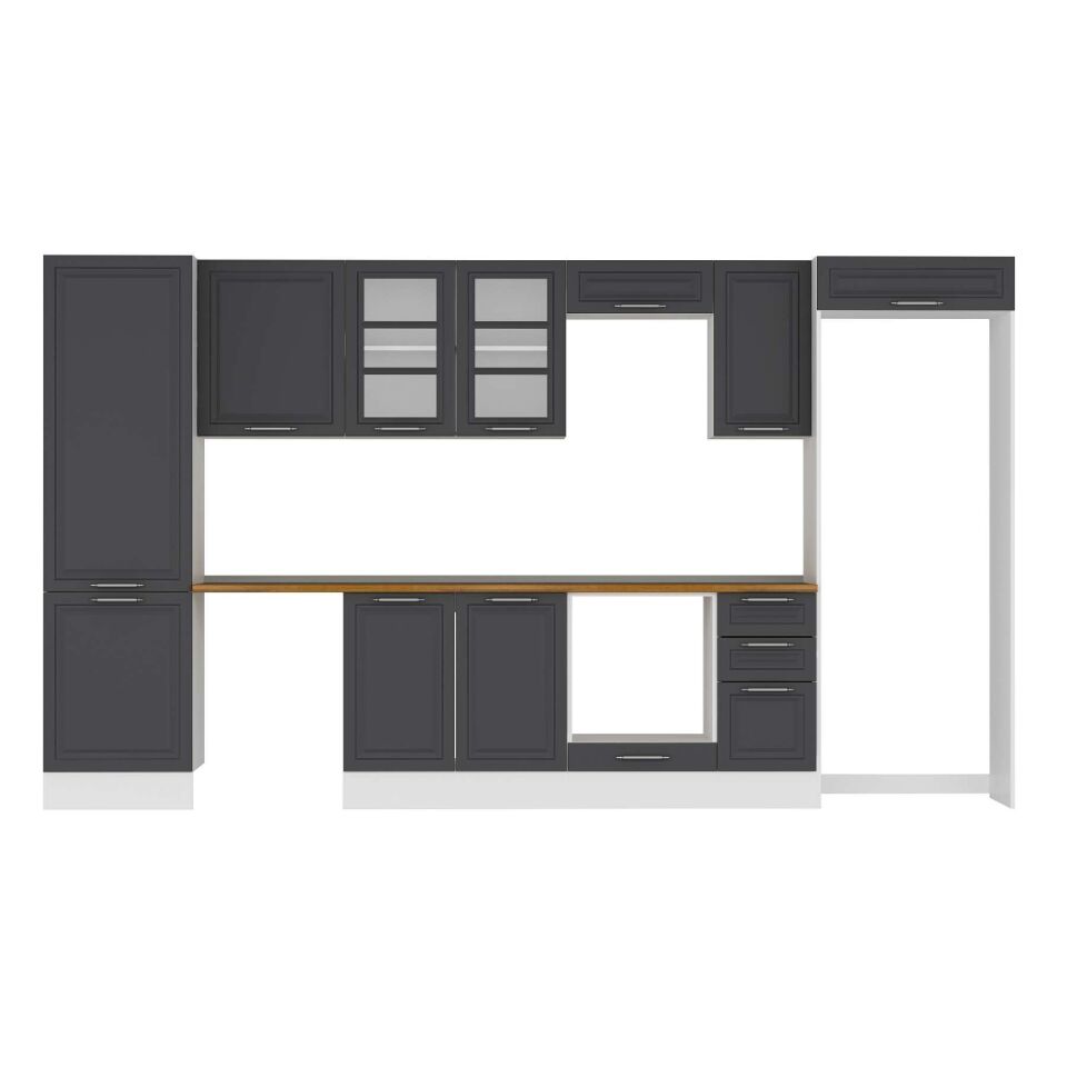 Alvinka 380X222 Cm Klasik Mebran Mutfak Dolabı Mbb-E80B60S40-3 Mebran | Antrasit - Mdf