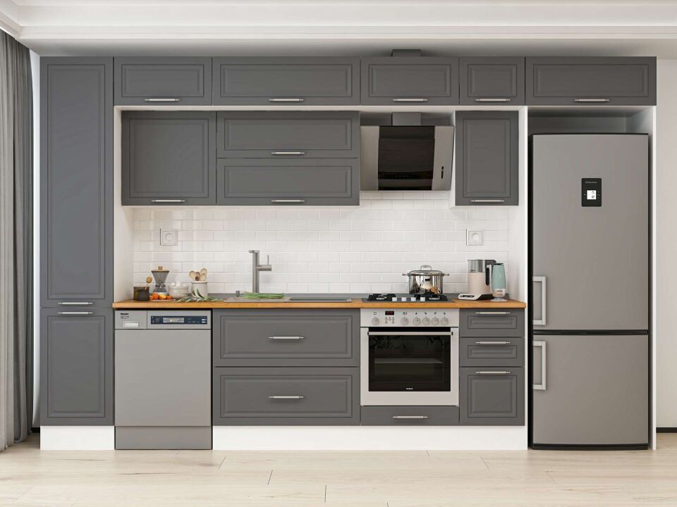 Alvinka 365X240 Cm Klasik Mebran Mutfak Dolabı Mbb-E80B45S40-2 Mebran | Antrasit - Mdf