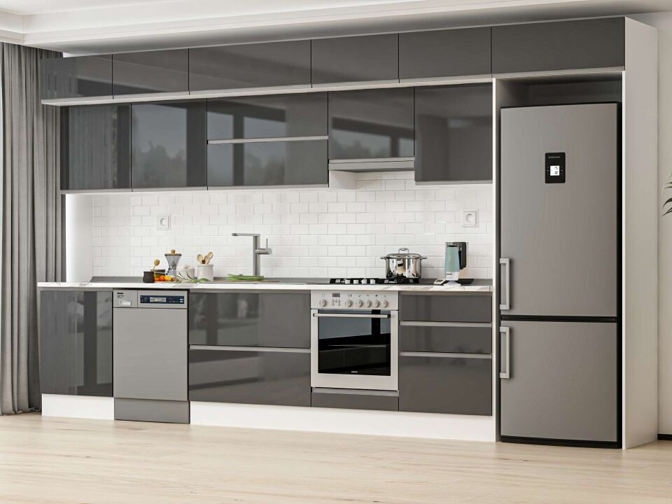 Alvinka 400X240 Cm High Gloss Mutfak Dolabı Mb-E80S60S60-1 High Gloss | Antrasit - Mdf